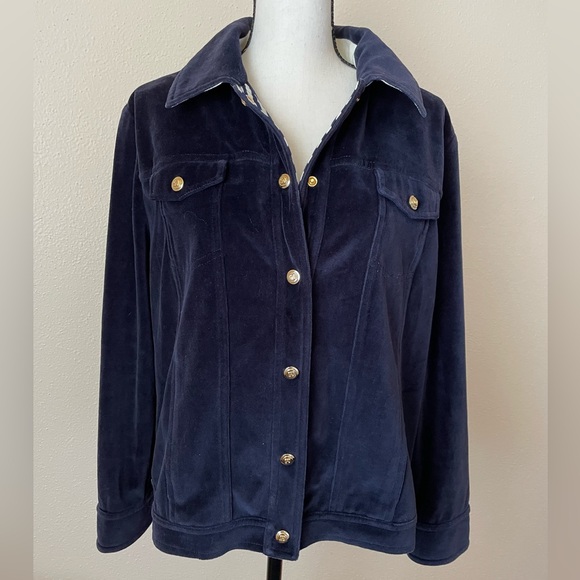 ST.JOHN SPORT by Marie Gray Cotton Blend Velvet Jacket Gold-Buttons Blue Sz.M - Picture 1 of 11